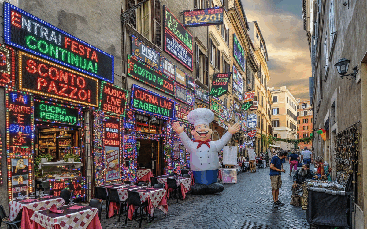 ristorante con insegne esagerate