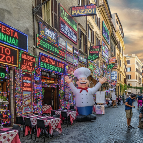 ristorante con insegne esagerate