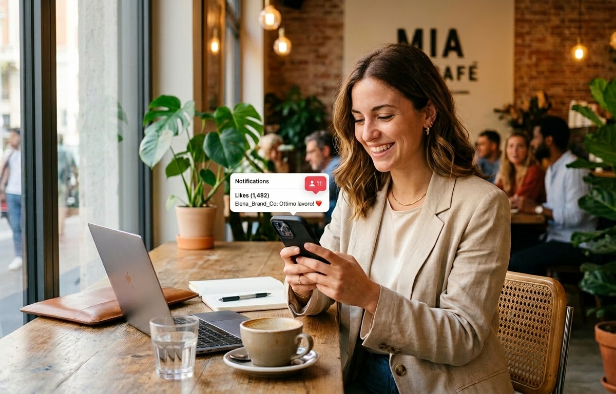 Imprenditrice analizza le performance di Instagram sul suo smartphone in un caffè moderno